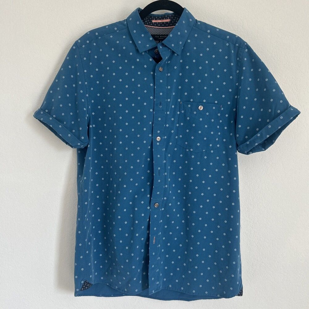 Ted Baker London Shirt Teal Floral Modal Short Sleeve Button Front Top Sz 4